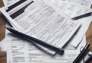 Close-up of hands reviewing tax forms with a pen and red accents in the background.