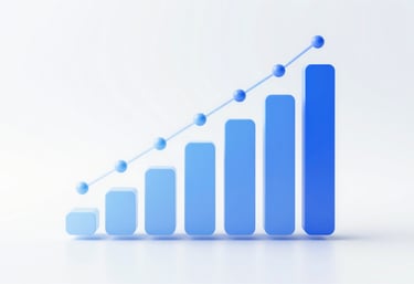 A sleek 3D chart visualization with floating translucent bars and data points. Clean, sophisticated look using #4A7CA1 and #A5CADC.