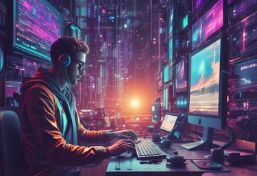 A sleek digital avatar interacting with social media icons on a vibrant background.