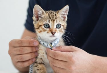Persona con cinta metrica tomandole medidas a gatito cafe-anaranjado y ojos azules
