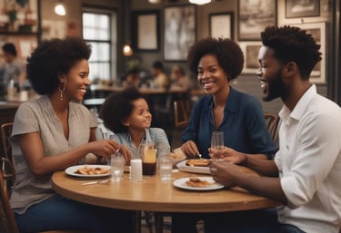 Cozy interior of Kiya's Kitchen & Catering with warm lighting and rustic decor.
