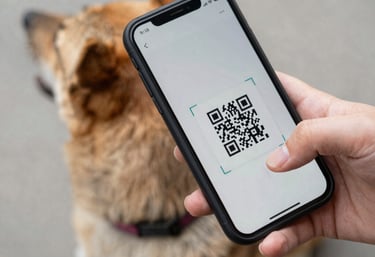 Close-up of a smartphone displaying a pet's biometric data search on the MyPetsWorld platform.