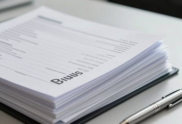 A close-up of neatly organized business files and a silver pen on a light grey desk, representing modern business organization in a North American / US corporate setting.
