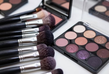 Close-up of a professional makeup artist's kit with a variety of brushes and a colorful eyeshadow palette featuring muted mauve and dark plum tones in a bright North American / NYC Hispanic studio.