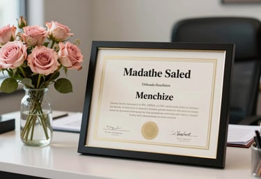 A beautifully framed professional makeup certification diploma sitting on an elegant desk next to a vase of dusty rose flowers in a North American / NYC Hispanic professional office.