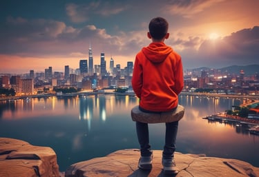 Minimalist technological silhouette representing community problem-solving with glowing circuits.