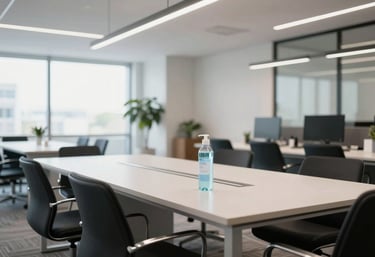 A view of a bright, contemporary office breakroom with clean surfaces and minimalist decor, emphasizing hygiene and order in a North American / Mexican workplace.