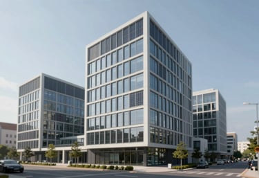 A daylight shot of modern, eco-friendly office architecture with visible solar glass and energy-efficient ventilation. Clean lines, forward-thinking style, utilizing #4C6F6F and #E9F0F0.