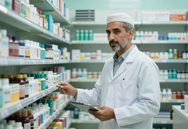 Photography of a pharmacist in a modern Middle Eastern / Yemeni retail pharmacy environment, shelves stocked with products, clean soft mint teal lighting.