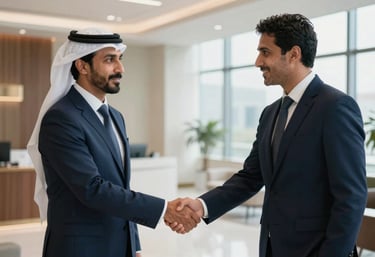 Photography of two professionals shaking hands in a modern Middle Eastern / Yemeni office lobby, midnight blue business attire, soft natural light, sophisticated mood.