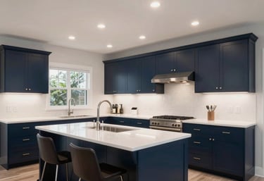 A brightly lit, modern North American / US kitchen showcasing high-end recessed ceiling lights and deep navy island cabinetry, clean architectural shot.