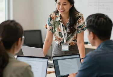 Illustration of a leadership team engaging with behavior change frameworks on digital devices.