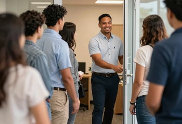 Illustration of a leadership team engaging with behavior change frameworks on digital devices.