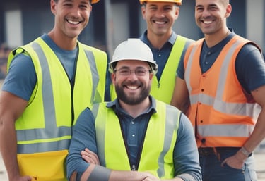 Construction workers applying waterproofing membrane on a rooftop under clear blue sky.