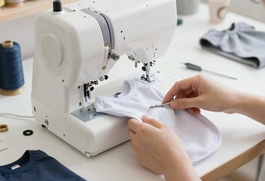 maquina de costura blanca, sobre una mesa