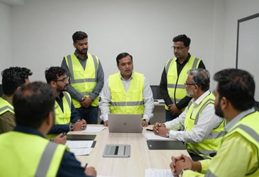 Project managers in yellow safety vests hold a formal meeting in a modern conference room.