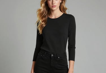 A blonde woman wears a fitted black long-sleeve crewneck shirt with black denim jeans.