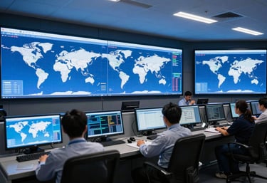 A high-tech control room with multiple screens showing world maps and logistics data. The room is modern and clean, with Deep Sea Blue lighting. Professional atmosphere, Lusophone Internacional context.