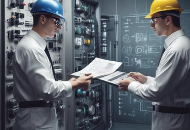 A modern office setting with communication equipment and a consultant advising a client.