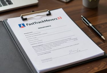 An official-looking insurance document folder with 'FastTrackMovers' branding on a desk in a South Asian / Indian office, symbolizing security and trust.