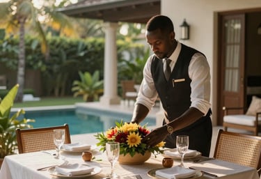 A serene image of a concierge warmly greeting a client in a sleek, modern luxury lobby.