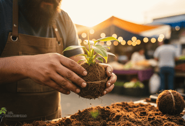 Un jardinero sostiene una pequeña planta verde en una bola de musgo kokedama en un mercado.