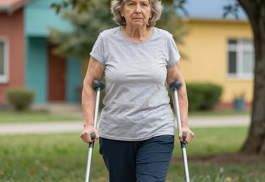 A warm caregiver gently assisting an elderly woman in a cozy living room.