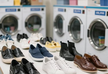 A friendly staff member carefully folding freshly cleaned clothes in a bright, modern laundromat.