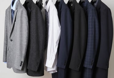 A tan suit jacket and pants hanging on a hanger.