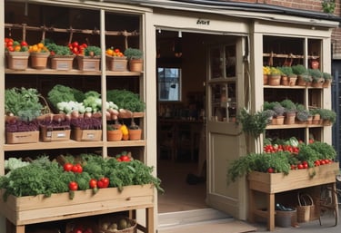 A friendly grocer using a smartphone to post fresh produce photos on social media.