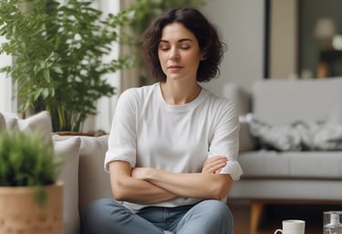 A serene mid-life woman sitting peacefully in a sunlit garden surrounded by soft green foliage.