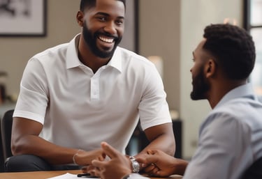 A warm, inviting coaching session with a smiling African American mentor and client sharing ideas.