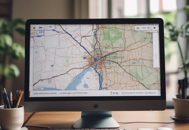 A modern workspace with a laptop displaying local SEO analytics on screen.