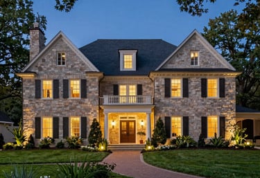 A cozy backyard illuminated with warm, color-changing landscape lights and subtle outdoor speakers.