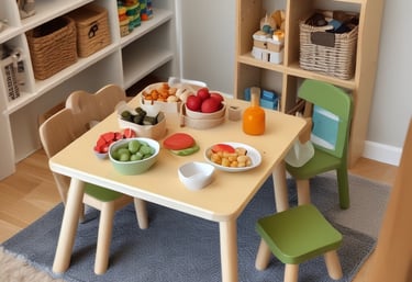 A neatly organized playroom with earthy tones and soft toys arranged on shelves.
