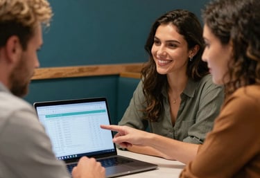 A professional consultant discussing fintech strategies with a client over a laptop.