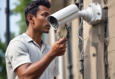 A sleek security camera mounted on a modern building corner at dusk.