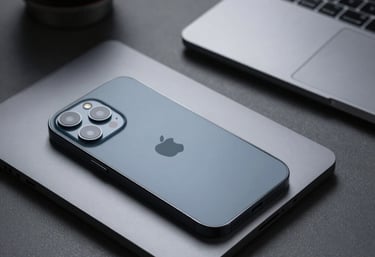 A minimalist and professional photograph showing a close-up of a high-quality laptop and smartphone together on a desk. The colors are muted grays and slate blues. The lighting is soft and directional, focusing on the seamless integration of devices.