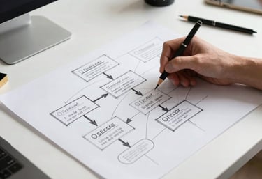 A high-contrast photograph showing a designer's hand sketching a user flow on a large sheet of paper. The desk is a clean white surface with various professional tools. Modern, process-oriented North American studio lighting.