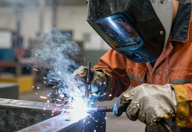 Close-up of skilled hands welding metal in a sophisticated shipbuilding workshop.