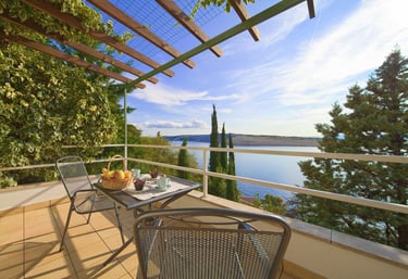 View from the terrace of the Studio apartment in Kraljevica, Croatia, overlooking the sea and Krk Is