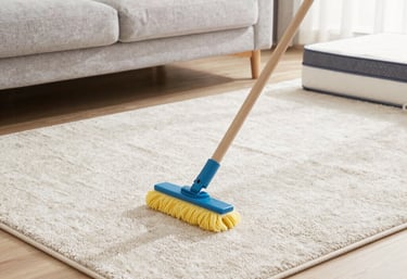 A professional cleaner gently steam-cleaning a plush sofa in a bright living room.