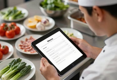 A top-down view of a professional chef's workspace with fresh ingredients and a tablet showing a menu plan. The image emphasizes meticulous planning, modern service, and culinary expertise in a professional context.