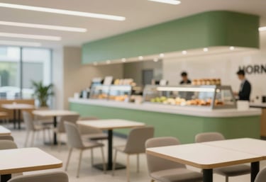 A wide shot of a modern, clean corporate canteen with minimalist furniture and a professional food service counter. The space is inviting and professional, highlighting cleanliness and order with a palette of greens and neutral tones.