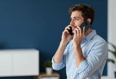 A person in a North American / US professional setting speaking on a smartphone. The background features a deep navy blue wall and modern white furniture.