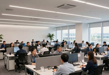 Confident HR professional discussing recruitment strategies in modern office.