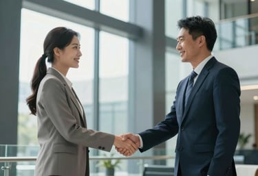 Two business professionals shaking hands in a brightly lit, modern glass lobby with dark navy architectural pillars.