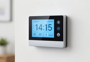 A modern smart thermostat on a clean wall displaying a comfortable temperature. The lighting is soft and the aesthetic is modern and high-tech, using #DBE3E7 and #1A2F3D.