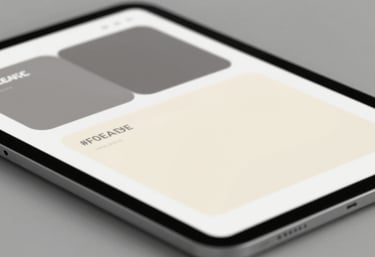 A close-up of a high-tech digital tablet showing a clean, data-driven dashboard interface with subtle glowing elements. Sophisticated, modern style representing innovation. Colors: #5C4B5C and #F0EAD6.