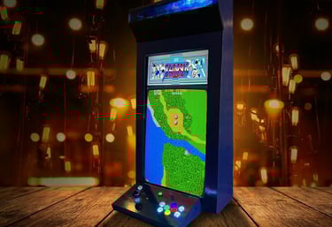a over sized retro arcade machine showing Xevious on a wooden table